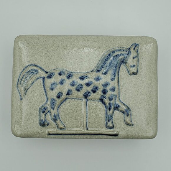 Prestige Place Carousel Horse Trinket Box Gray Ceramic Blue Horse Lidded Dish - Picture 2 of 6